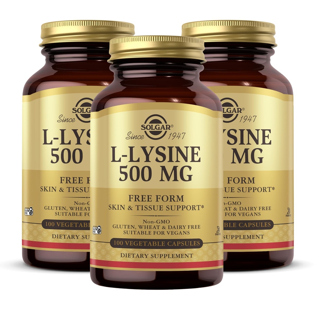 Solgar L-Lysine 500 mg - 100 plantaardige capsules, Verpakking met 3 - Huid- en weefselondersteuning - Non-GMO, Vegan, Kosher, Glutenvrij - 300 Total Servings