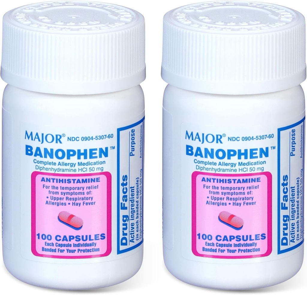 MAJOR Banohpen - Complete Allergy Medication - Diphenhydramine HCI 50 mg - Antihistamine - 100 Capsules (2 Pack)
