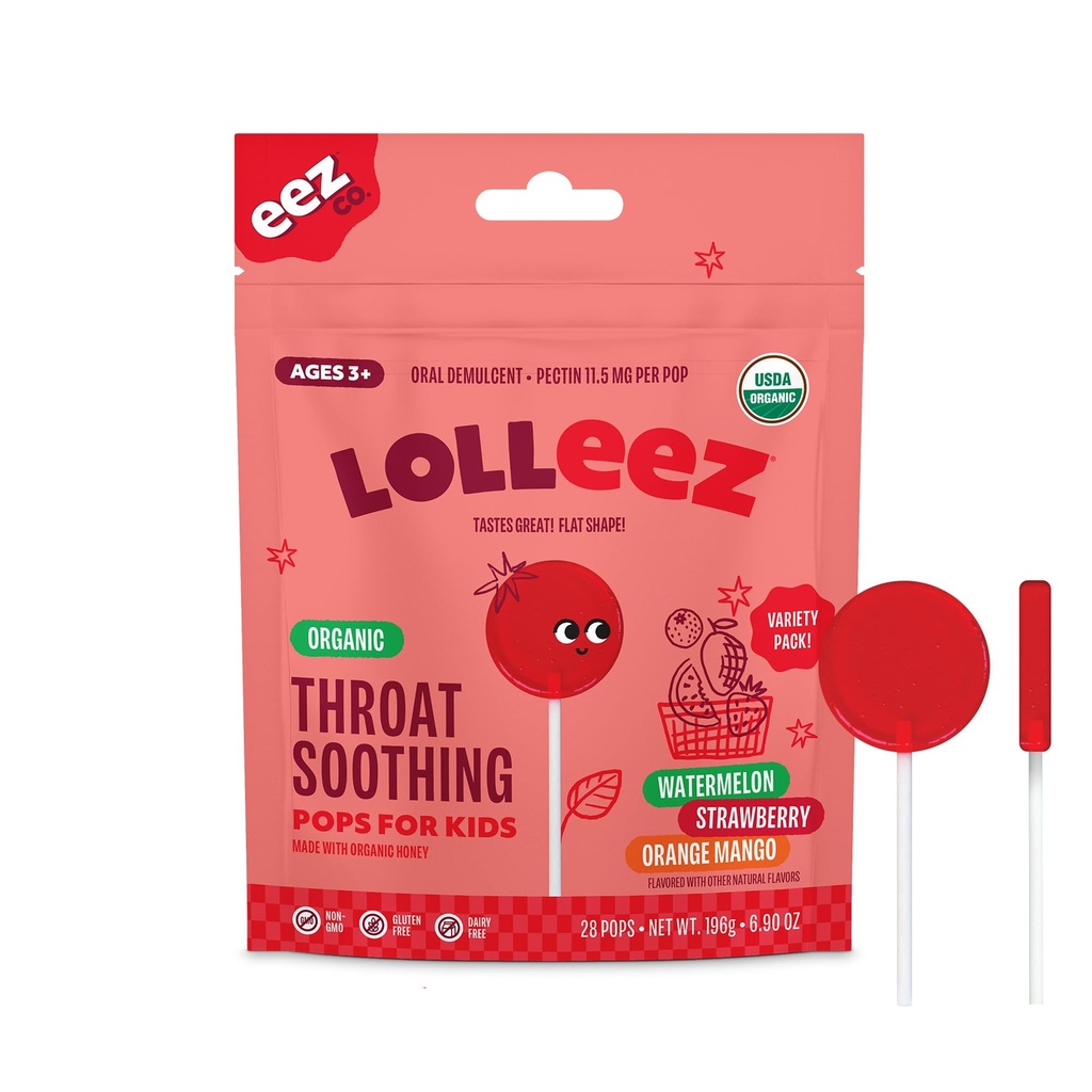 Lolleez Biologische Lolly's voor kinderen Sore Throat Relief, Variety Pack Perfect voor het kalmeren van een pijnlijke keel terwijl Proeverij Groot, Aardbei, Watermeloen & Orange Mango, 28 Tellen