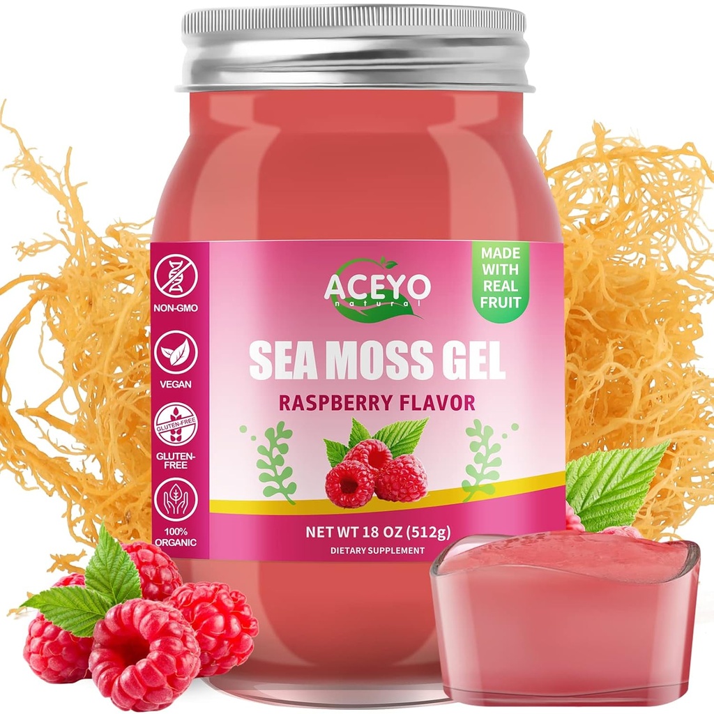 ACEYO (18 OZ) Irish Sea Moss Gel Biologische Raw Vegan Raspberry Flavor 102 Vitaminen en mineralen Wild Geoogste Non-GMO Immune Defense Booster Thyroid Digestieve Ondersteuning