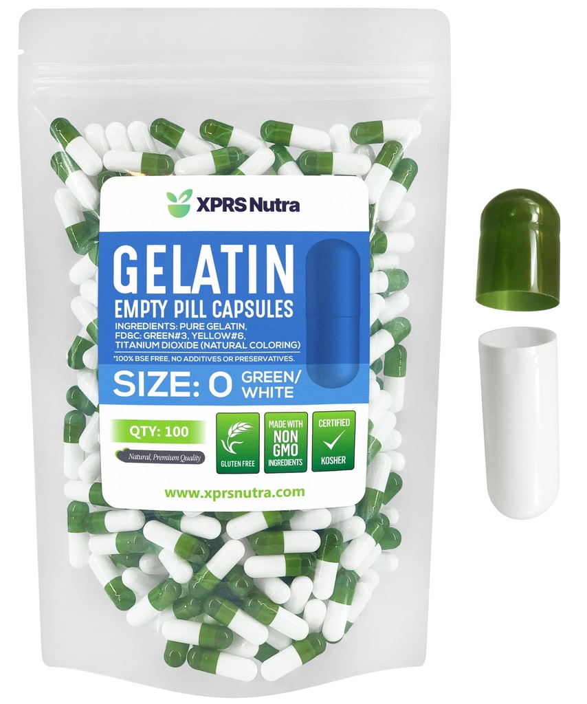 XPRS Nutra Size 0 Empty Capsules - 100 Count Empty Gelatin Capsules - Pills DIY Capsule Filling - Pure Bovine Pill Gel Caps for Do-It-Yourself Supplements (Green/White)