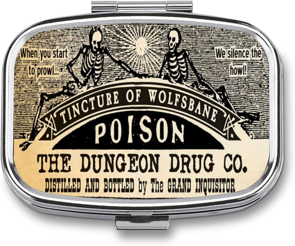 Metal 2 Compartiment Pill Organizer Travel Friendly Portable Compact Box Cute Case om vitamines/Tylenol/Fish Oil/Supplements/Meds/Tablet for Purse/Pocket (Poison Skull), 1.97x0.79x0.39"
