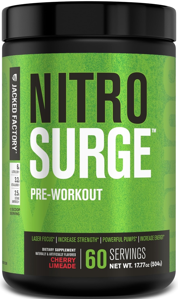 Supplément de pré-entraînement Jacked Factory NITROSURGE - Endless Energy, Instant Strength Gains, Clear Focus, Pompes Intenses - NO Booster & Powerful Preworkout Poudre d'énergie - 60 Servants, Cherry Limeade