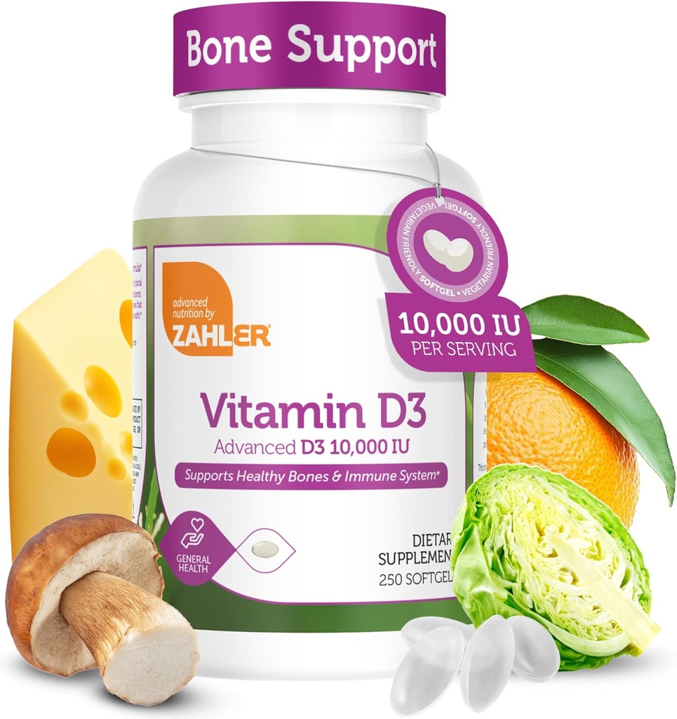 Zahler - Advanced Vitamin D3 10.000 IE Softgels (250 graaf) Kosher Vegetarian Friendly Vitamin D for Immune Support, Bone, Teeth & Muscle Health - Easy Swallow VIT D 3