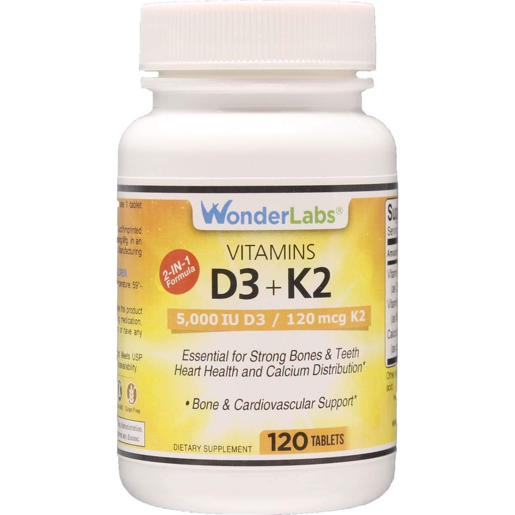 Wonder Laboratories Vitamine D 5.000 IE, Vitamine D3 + K2 Steun een gezond immuunsysteem, essentieel voor sterke botten, hartgezondheid en calciumdistributie, 120 tabletten