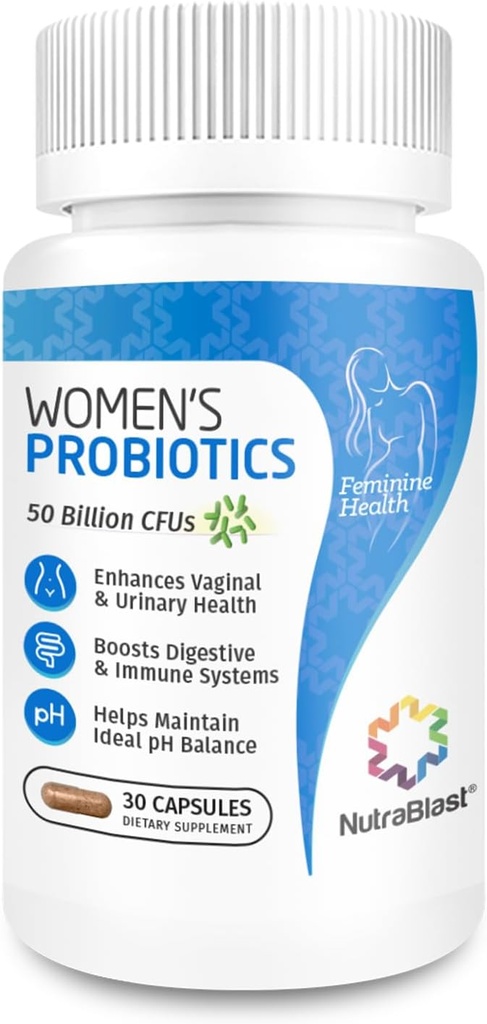 NutraBlast Vaginale Probiotica voor vrouwen Digestief, Intiem Balance, UT & Vaginale Gezondheid - 50 Miljard CFU - 6 Strains, Prebiotica, Cranberry Extract & D Mannose - Womens Probiotic (30 Tel.)
