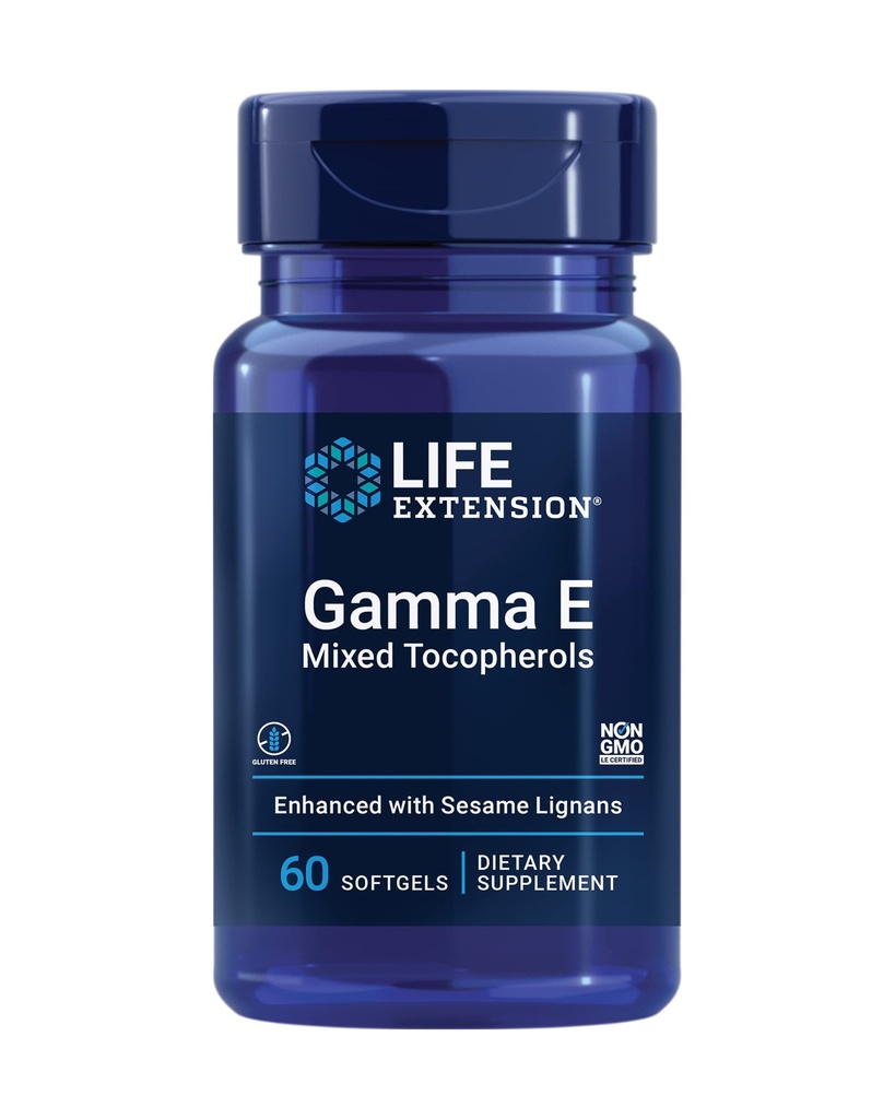 Allongement de vie Gamma E Tocophérols mixtes, Vieillissement en santé, Supplément vitamine E, Enhanced with Sesame lignans, Sans gluten, Non-OGM, 60 softgels