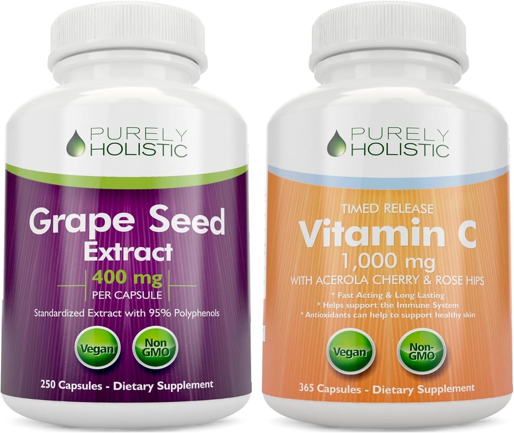 Pure Holistische Grape Seed Extract 400mg + Vitamine C 1000mg Time Release Bundle - 615 Vegan Capsules - Made in USA