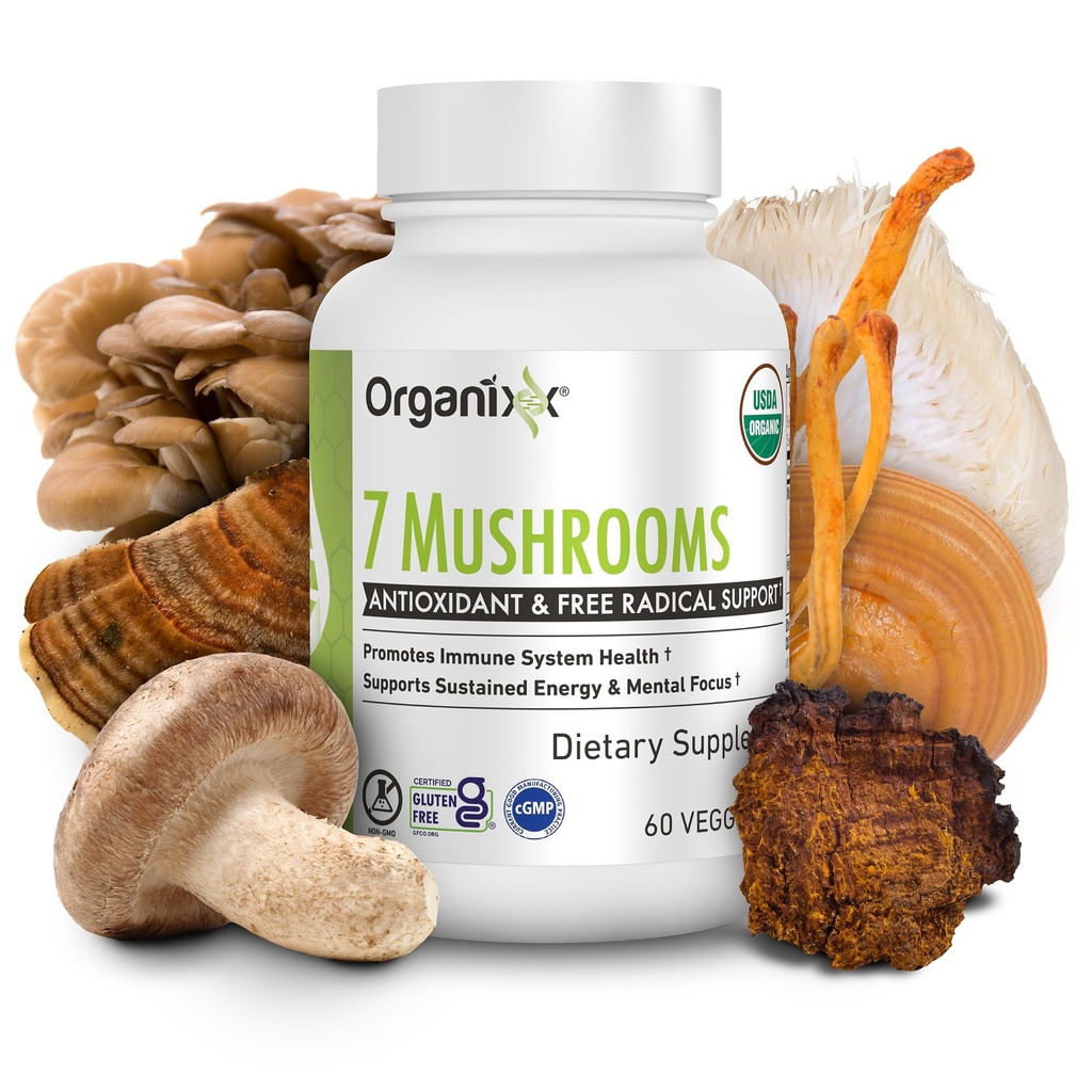 Organixx USDA Organic Mushroom Supplement, 7 Fermented once, Lions Mane, Shiitake, Cordyceps, Turkey Tail, Reishi 