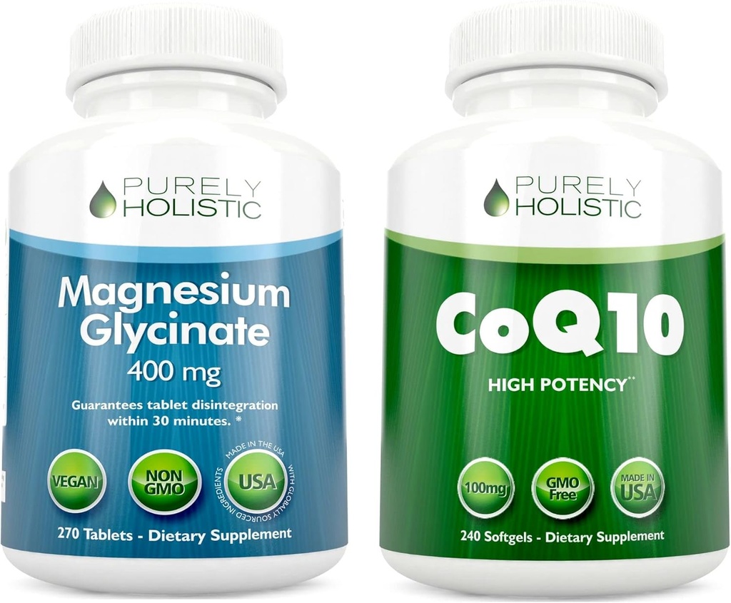 Glycinat de magnésium 400mg + CoQ10 100mg avec mélange d'huile d'olive biologique - 270 comprimés et 240 softgels
