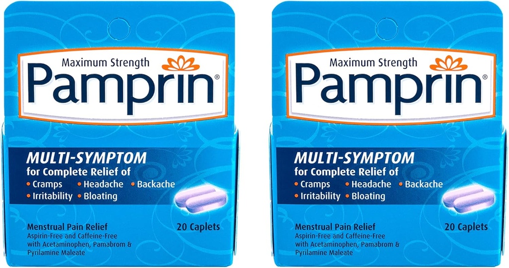 Pamprin Multi-Symptoom Formula, met Acetaminophen, Menstruele periode symptomen verlichting Inclusief krampen, pijn, prikkelbaarheid en opgeblazen gevoel, 20 Caplets (pakket van 2)
