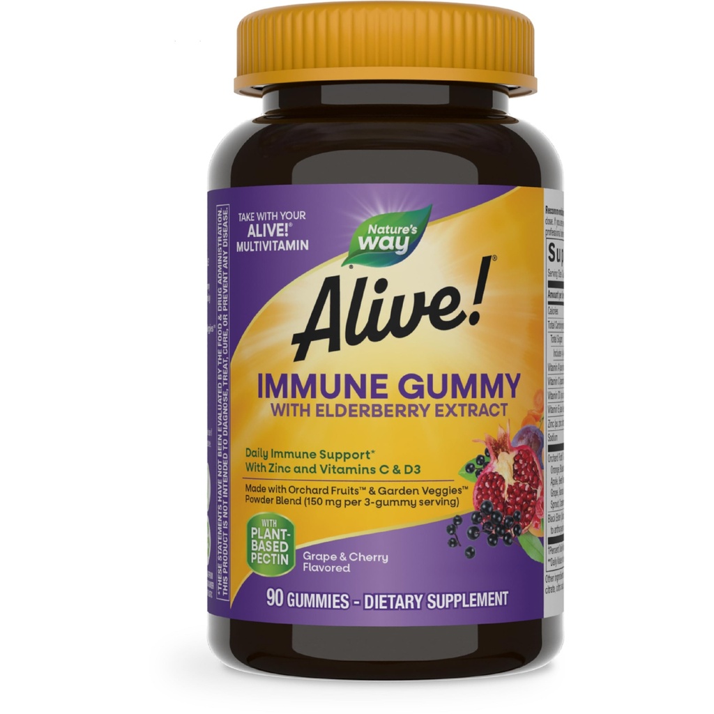 Nature's Way Alive! Immuunondersteuning* Gummy's met vlierbessenextract, vitamine C & D3, zink, geen gluten, druiven- en kersensmaak, 90 vegetarische gummies (verpakking mei vary)