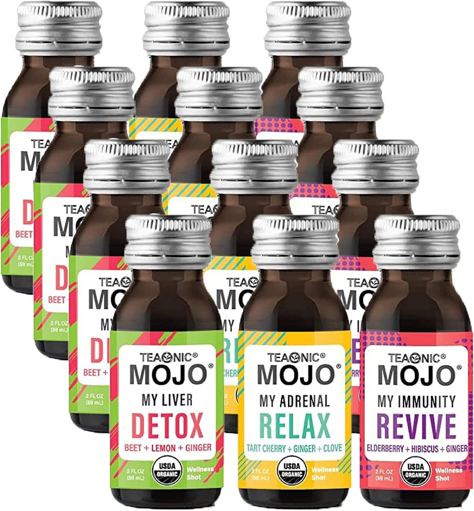 Teaonic Wellness Shots - Variety Pack: Relax, Revive, Detox Shots, USDA-Certified Biologische Wellness Shots, 12 Pack, 2 Fl. Oz Elk