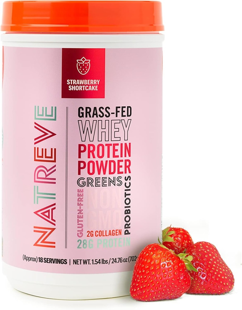 Natreve Wei Proteïne Poeder - 28g Grass-Fed Wei Proteïne met Aminozuren, Probiotica & Collageen - Glutenvrije Aardbei Shortcake, 18 porties