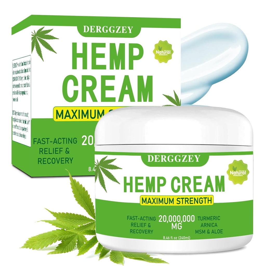Hennep Cream 8,46 fl oz - Maximale sterkte - Natuurlijke hennepolie Extract Rub met Arnica, MSM, Kurkuma, Emu olie, Aloë Vera - Spieren, gewrichten, rug, nek, vingers, ellebogen (240ML)