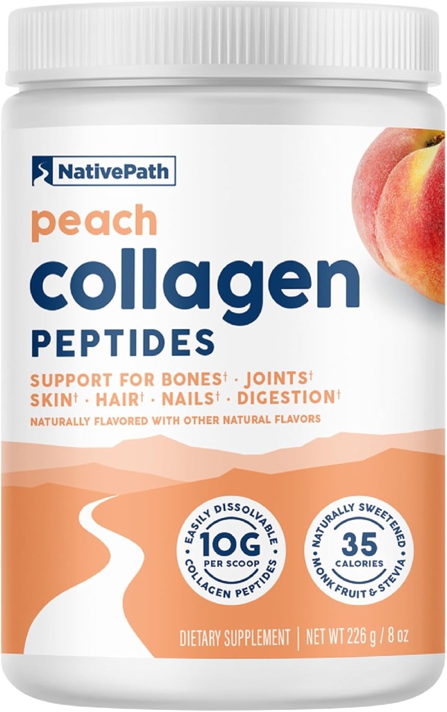 NativePath Collagen Peptiden - Gehydrolyseerd type 1 & 3 Collagen. Keto & Paleo Grass-Fed eiwitpoeder voor haar, huid, nagels, botten, gewrichten, spijsvertering en meer - Geen gluten of zuivel (perzik, 226g)