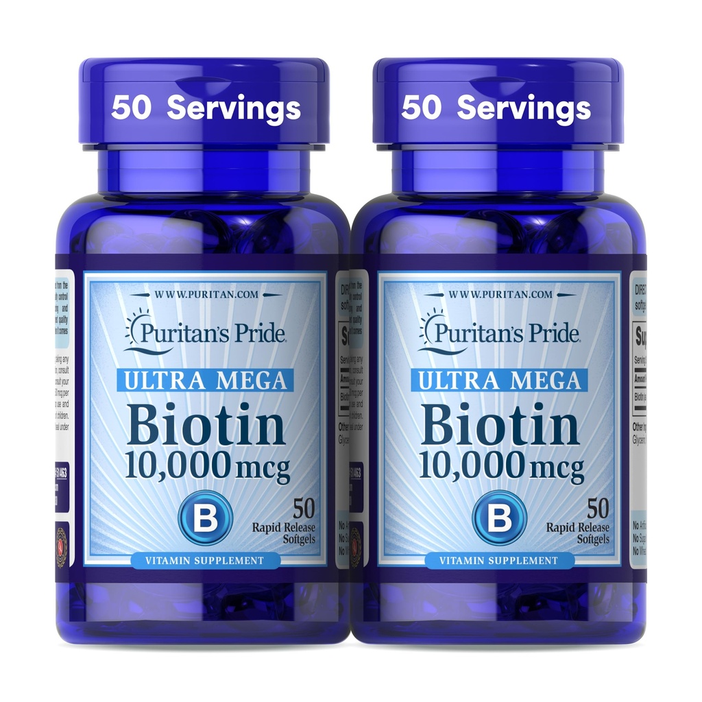 Puritan's Pride Premium Ultra Mega Biotin 10 000mcg, complément alimentaire pour les cheveux, la peau, les ongles et le métabolisme énergétique, 100 jours d'approvisionnement, 50 softgels à libération rapide, 2 pack
