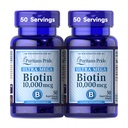 Puritan's Pride Premium Ultra Mega Biotin 10.000mcg, Dieetsupplement voor gezond haar, huid, nagels, en energiemetabolisme ondersteuning, 100 dagen levering, 50 snelle release Softgels, 2 Pack