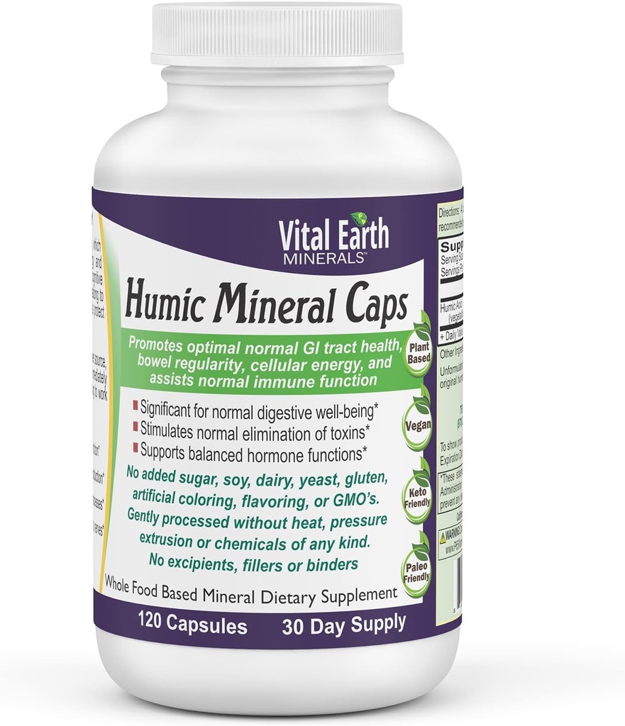 Vital Earth Minerals Humic Minerals Capsules - 70+ Trace Minerals with Naturally Occuring Fulvic Acid, Alkalizing Mineral Supplement for Detox, Gut Health, Wellness, 120 Tel.