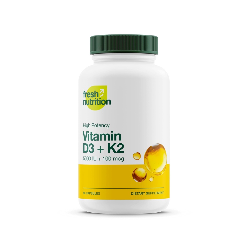 Alimentation fraîche Vitamine végétalienne D3 + K2 Capsules - 5000 UI D3 + 100 mcg K2 comme MK-7 pour l'absorption optimale - Santé immunitaire, santé osseuse, humeur - Non OGM - 90 capsules, 3 mois d'approvisionnement