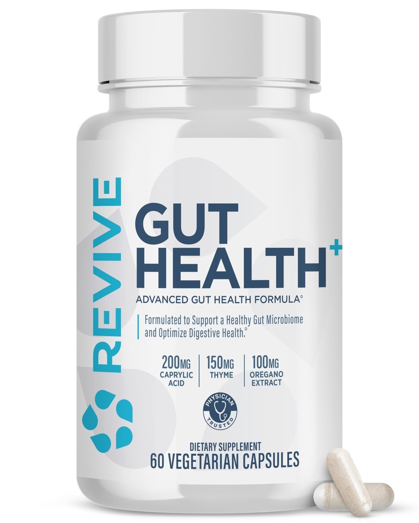 Revive MD Gut Health Supplements for Men & Women - Reparation quotidienne de Gut & Formule de soutien de santé digestive avec thym, origan et chardon de lait - Vegan-friendly, sans gluten - 60 capsules végétariennes