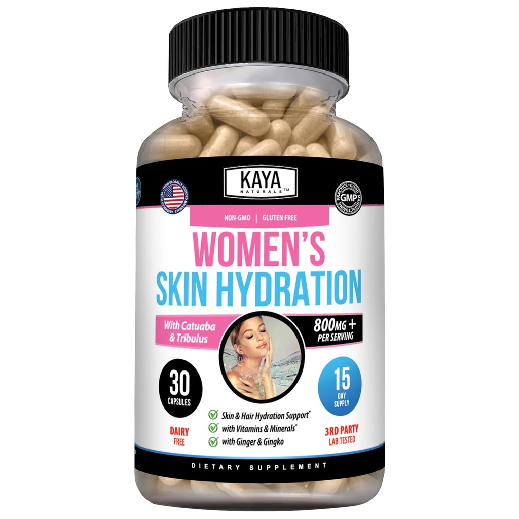 Kaya Naturals Huidhydratatie Vitaminen - Vrouwelijke Pillen - Huidvergroter Capsules - Hydratatie Booster voor vrouwen - Bevordert verhoogde energie, Mood & Uithoudingsvermogen - Vermindering in droogheid - 30 Veggie Capsules