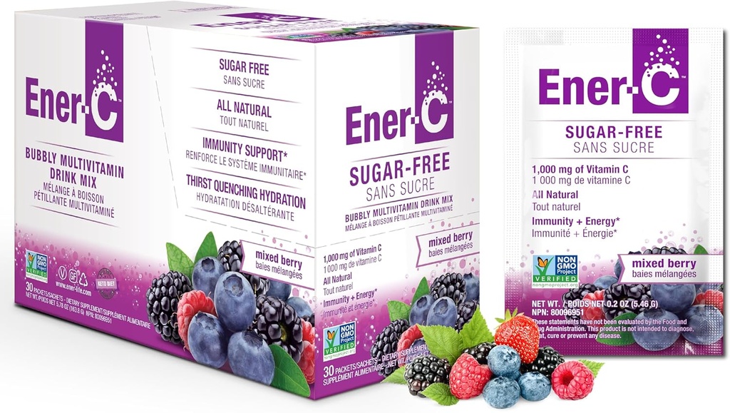 Ener-C Suikervrije Energie Gemengde Berry Multivitamine Drink Mix Vitamine C 1000mg & Elektrolyten - Natuurlijke Immuniteit Ondersteuning met echt fruitsap poeders Niet-GMO Veganistisch & Glutenvrij - 30 Tel.