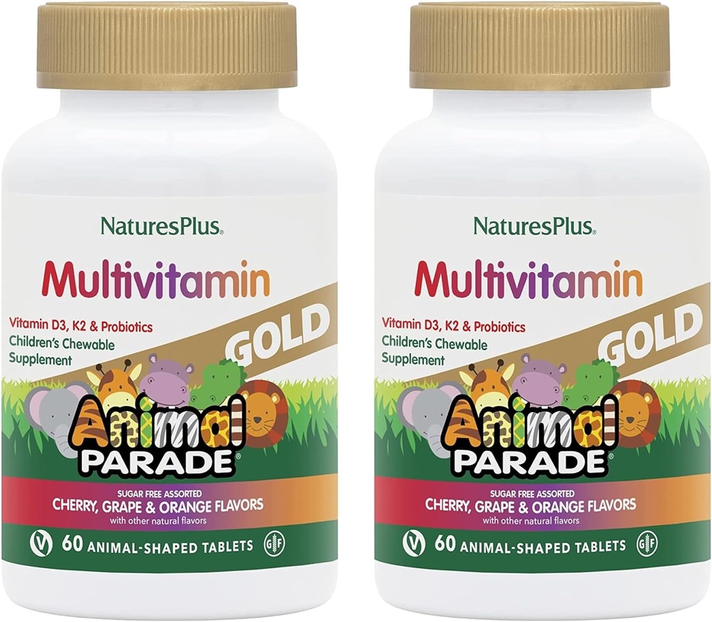 NaturesPlus Dierenparade Gouden Kinder Multivitamine - Assorted Cherry, Orange & Grape Smaken - 60 Kauwtabletten, Verpakking van 2 - Vegetarisch, Glutenvrij - 60 Totaal porties