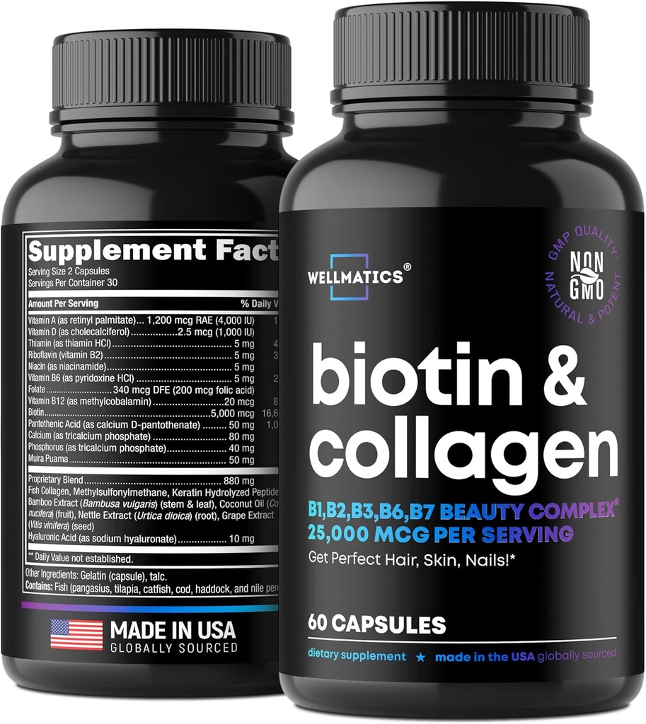 Biotine en collagen Supplementen - Haargroei Vitaminen - Made in USA - Haar en nagels Vitaminen voor vrouwen - Biotine Vitaminen voor haar huid en nagels - Vitamine B Complex - Hyaluronzuur - 60 Caps