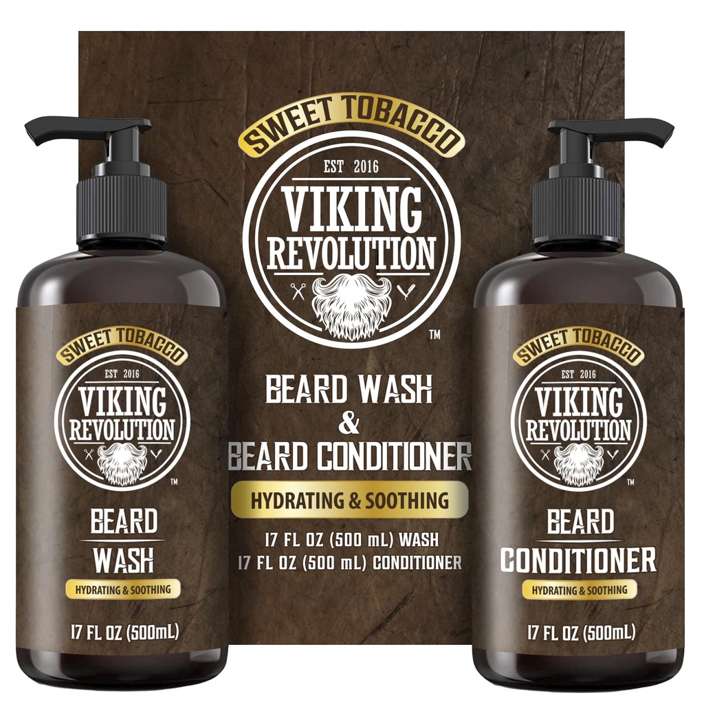 Viking Revolution Baard Wash en Baard Conditioner voor mannen met Argan Oil en Jojoba Oil - Baard Softener en Versterker Baard Care Baard Shampoo en Conditioner met Baardolie (17oz, Sweet Tobacco)