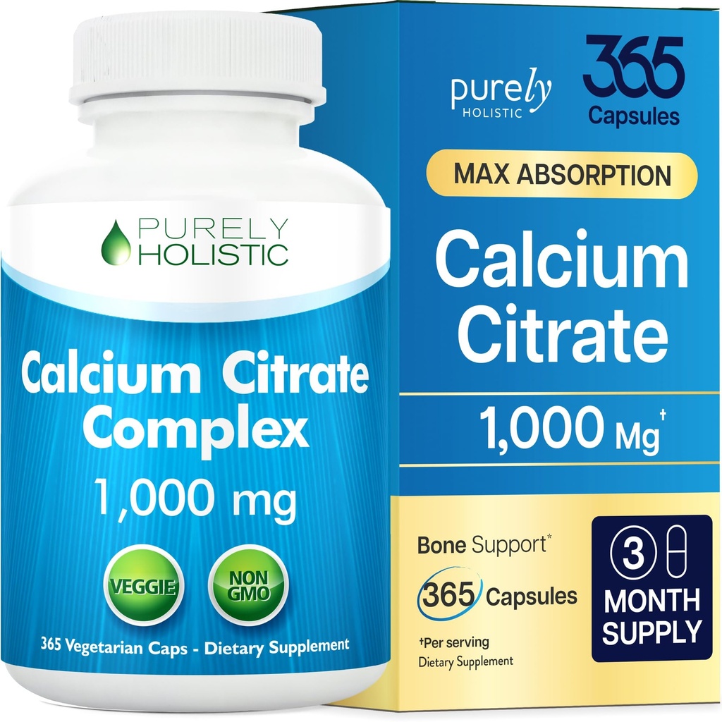 Citrate de calcium 1000mg - 365 Capsules de végétaliens non comprimés avec du persil ajouté, du dandelion et du cresson - Sans vitamine D - Fabriqué aux États-Unis par Purement Holistic