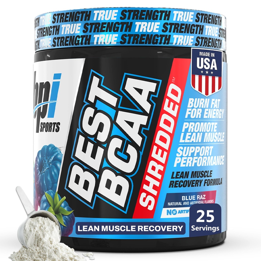 BPI Sports Best BCAA Shredded - Cafeïne Gratis Thermogenic Recovery Drink, Lean Muscle Building BCAA Powder for Women and Men, Preworkout BCAA's Aminozuren Drink- Blue Raz - 25 porties