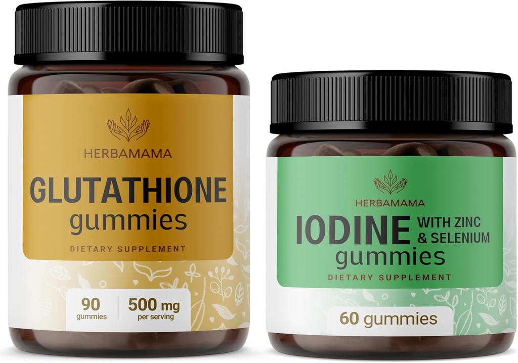 HERBAMAMA Glutathion en jodine Kit - bundel van 500 mg Verminderd L-glutathion en kaliumjodium Gummies - Vegan, Non-GMO, Gelatine-Free - 2 Pack
