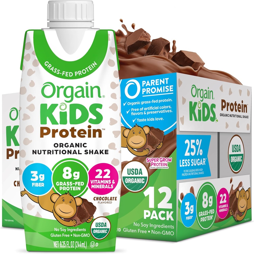 Orgain Organic Kids Protein Nutritional Shake, Chocolate - 8g eiwit, 22 vitamines en mineralen, groenten en fruit, glutenvrij, sojavrij, non-GMO, 8,25 Fl Oz (pakket van 12)
