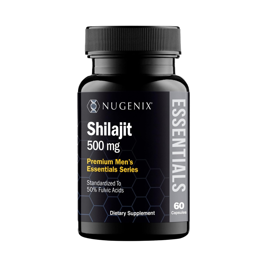 Nugenix Essentials Shilajit Capsules Supplement voor mannen en vrouwen - 500mg, Gestandaardiseerd tot 50% Fulvinezuur, Himalaya, 60 Capsules