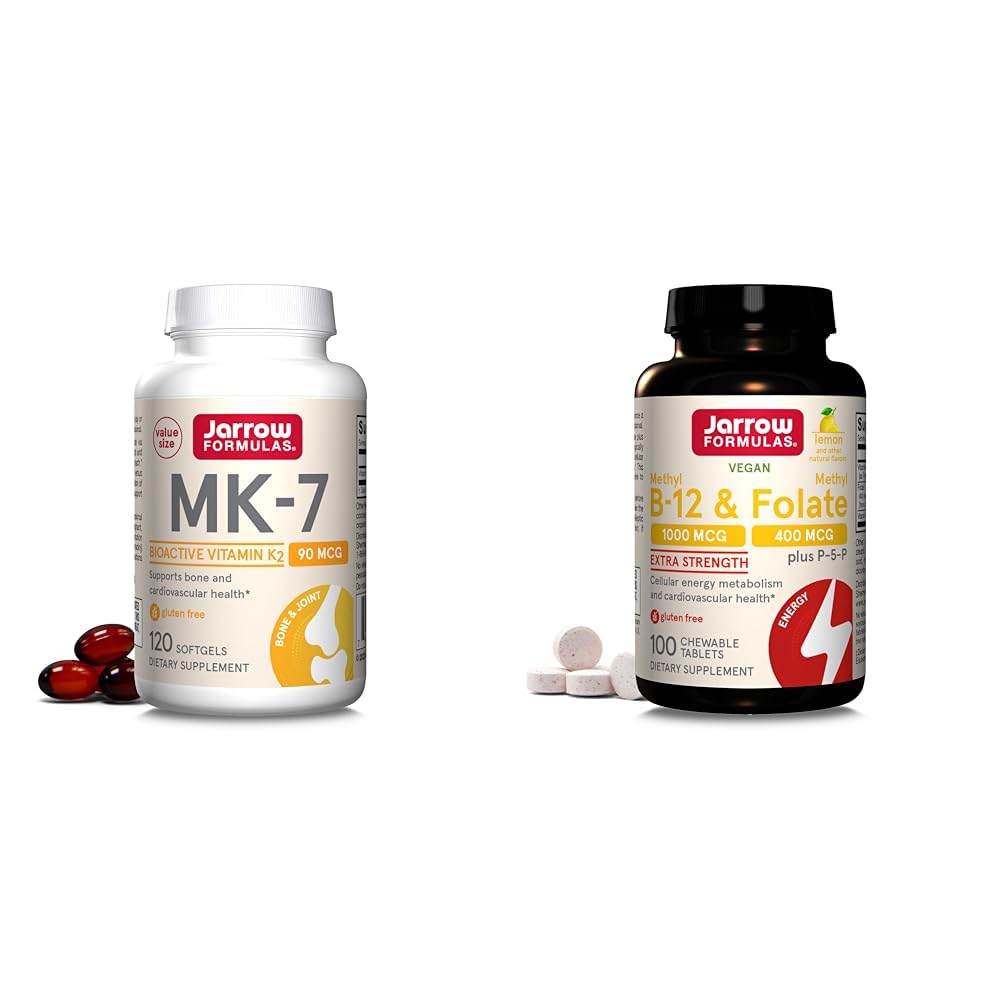 Formules de Jarrow MK7, Promotion de la santé des os, 90 mcg, 120 Softgels & extra-résistance Méthyl B-12 1000 mcg & Méthyl Folate 400 mcg + P-5-P, Dietary