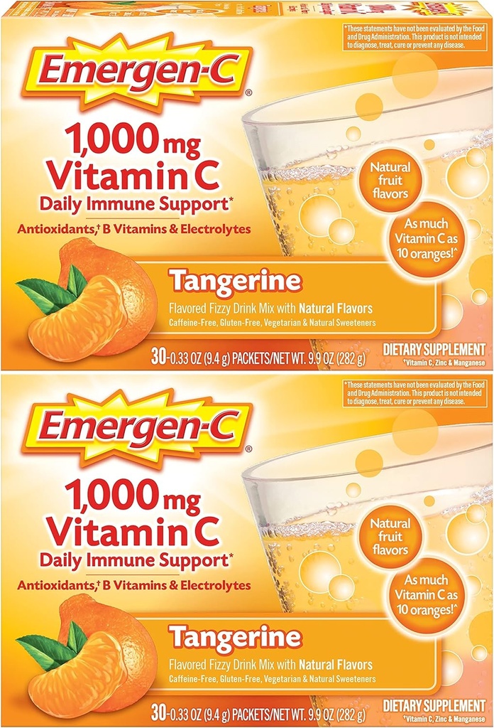 Emergen-C 1000mg Poudre de vitamine C, avec des antioxydants, des vitamines B et des électrolytes, suppléments de vitamine C pour le soutien immunitaire, mélange sans caféine, saveur de Tangerine - 60 Count/2 mois d'approvisionnement