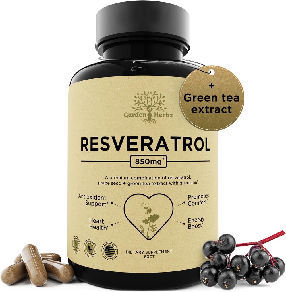 Supplément resvératrol avec Quercetin & Graines de raisin – 850mg Mélange à base de plantes, Polyphénols à haute puissance et antioxydants pour le bien-être général, 60 Capsules végétaliennes