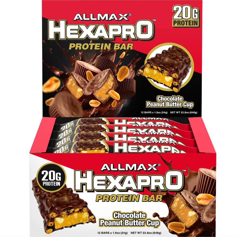 ALLMAX HEXAPRO PROFETIN BAR, Chocolade Pindakaas Cup - Verpakking van 12 - High-Protein Energy Snack - 20 g eiwit per bar - Met Wei Proteïne Isolaat