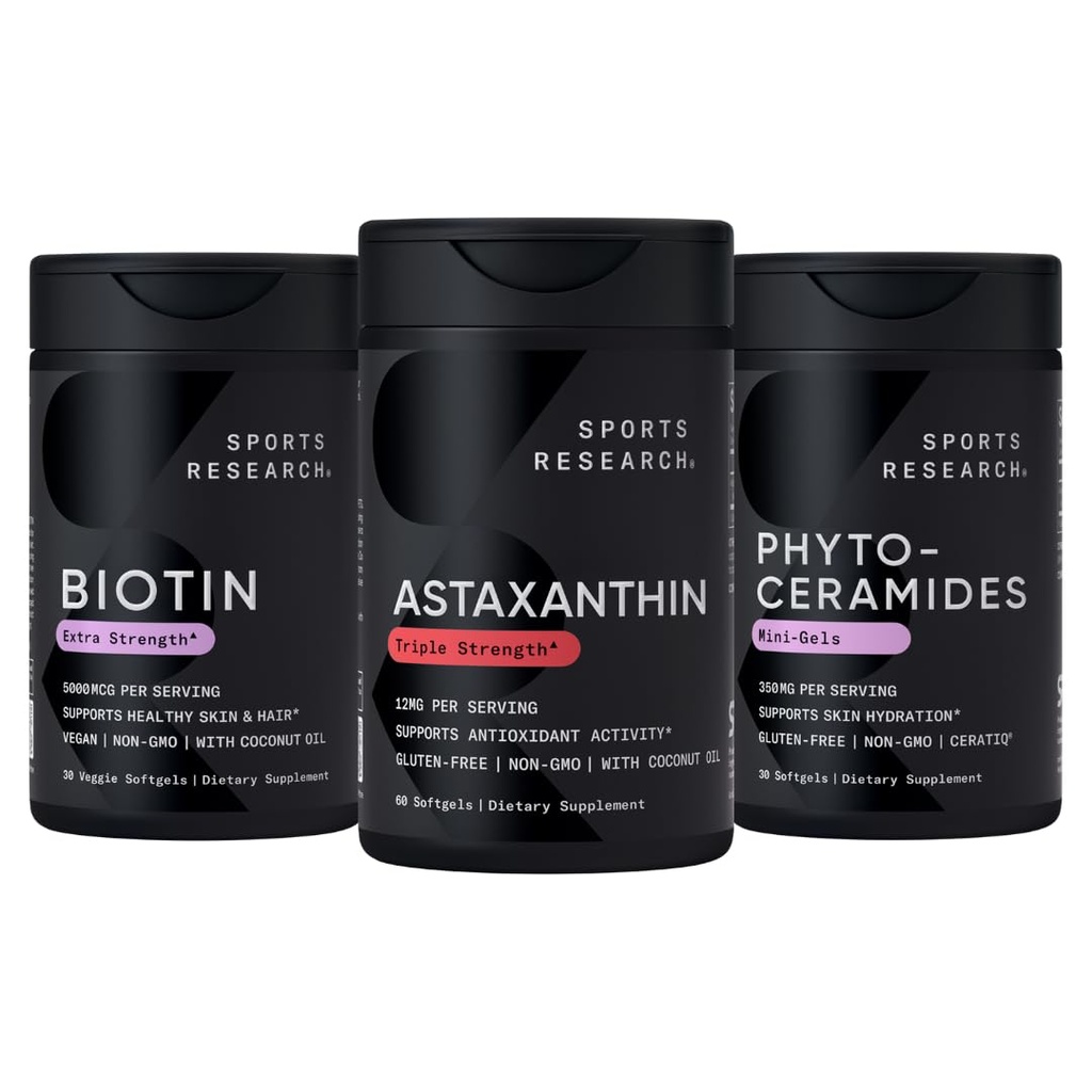 Sportonderzoek® Gezonde huid en haar - Vegan Biotin 10.000mcg met kokosolie, Triple Strength Astaxanthine 12mg en Phytoceramides 350mg per Softgel · Non-GMO · Vegan · Glutenvrij