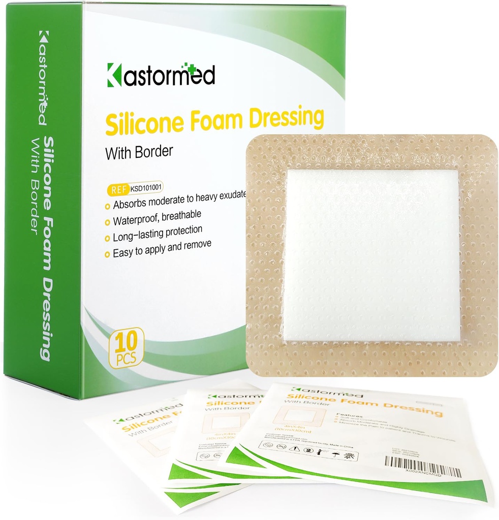 kastormed Silicone Adhesive Foam Dressing with Gentle Border 4''x4'' 10 Pack, High Absorbency Foam Wound Bandage for Bed Sore, Leg Ulcer, Diabetic Ulcer