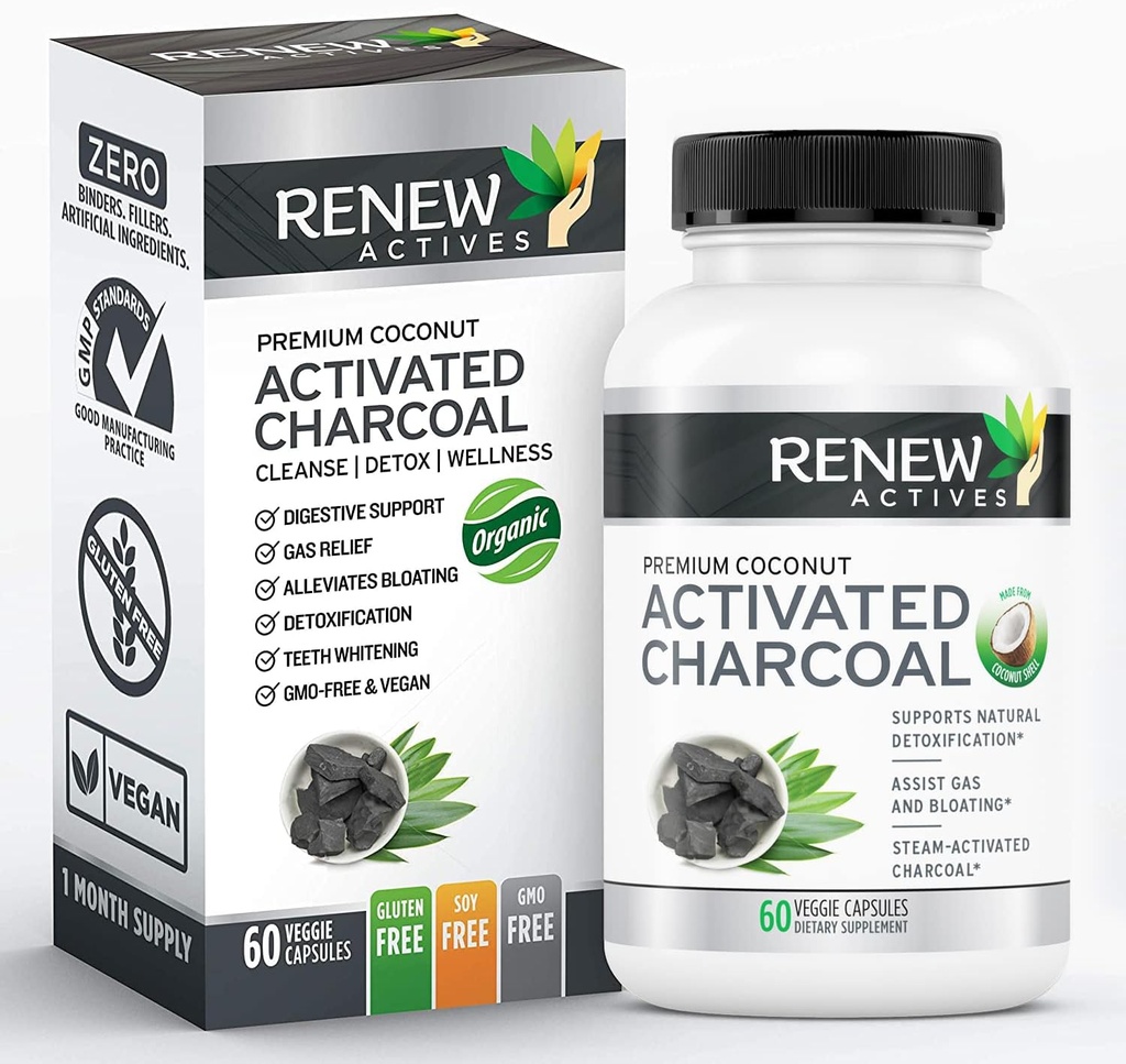 Renew Actives Aactived Charcoal Supplement 1100MG per 2 Capsules - Digestieve ondersteuning & Teeth Whitening Formula, Geen kunstmatige ingrediënten - Made in Canada - 60 Capsules