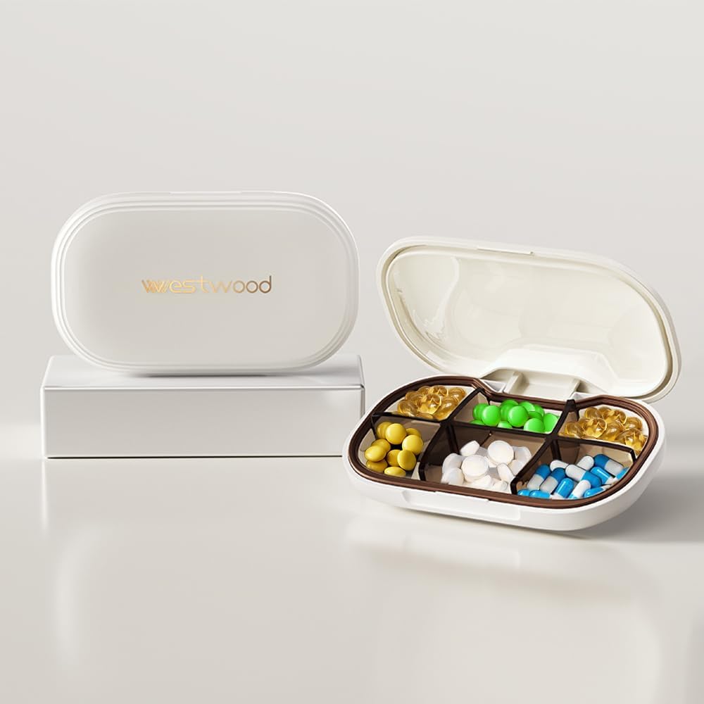 Kleine pil geval met 6 afdelingen, Delicate Daily Pill Box voor Purse, pil Organizer pil container pil houder voor vitaminen, visolie, supplementen en medicijnen (White)