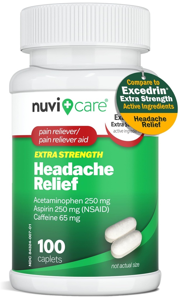 Hoofdpijn Verlichting met Acetaminofen 250 mg, Aspirine (NSAID) 250 mg, Cafeïne 65 mg - Tijdelijke verlichting van lichte pijn & pijn - Vergelijk met Excedren Extra sterkte pijn Reliever (100 Capleten)