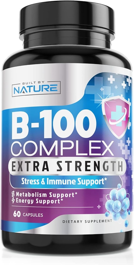 Vitamine B-complex - alle B-vitaminen B1, B2, B3, B5, B6, B7, B9, B12, foliumzuur, vitamine C - Super B-100-supplement - Immune, energie en stofwisselingsondersteuning, veganistisch, non-GMO, glutenvrij, 60 capsules