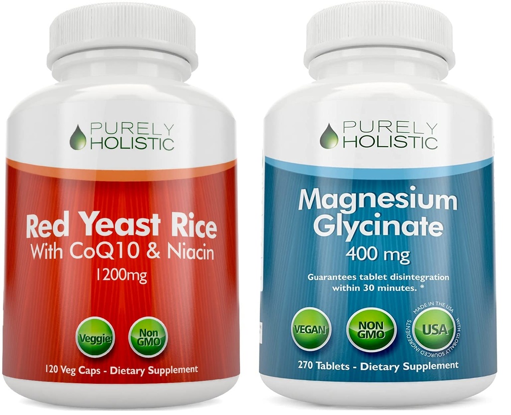 Pure Holistische Rode Gist Rijst 1200mg met CoQ10 & Niacin + Magnesium Glycinate 400mg - 120 Capsules + 270 Tablets - Made in USA