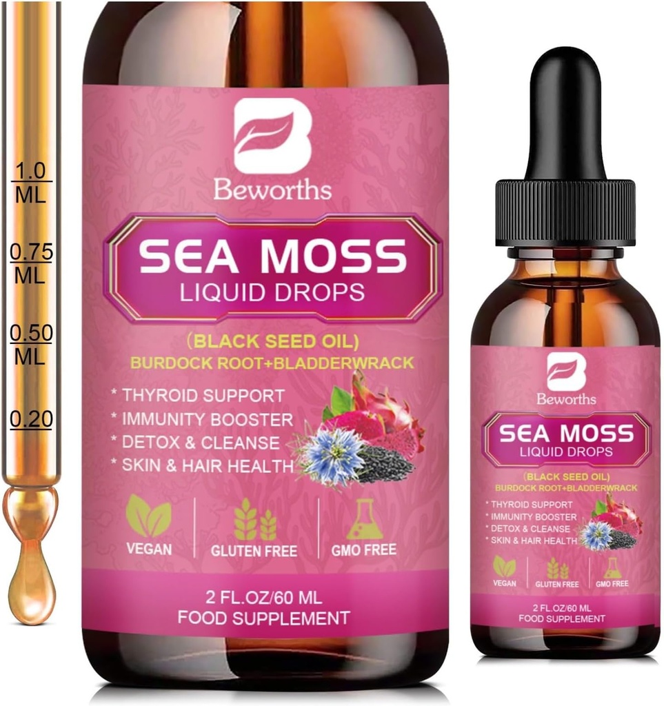 B BEWRTHS Sea Moss gouttes liquides - Huile de graines noires et gel de mousse de mer irlandaise avec bardage racine Bladderwrack, Elderberry, 6X Seamoss Qrganic Raw Supplément pour la digestion, santé des cheveux - Vegan, 2 Fl.oz