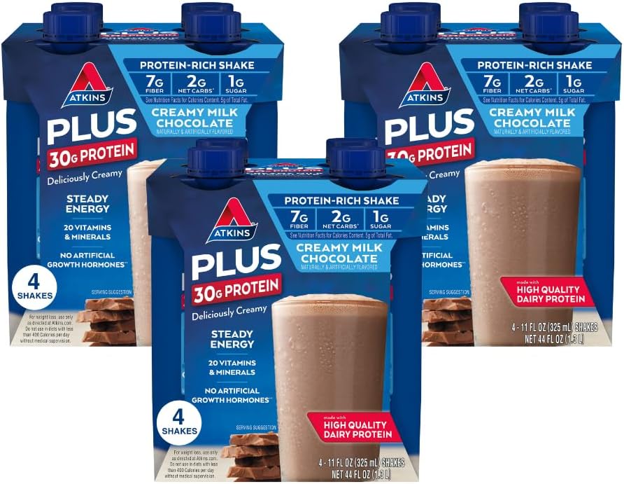 Atkins Creamy Milk Chocolate PLUS Proteine Shake, 30g Proteïne, 7g Fiber, 2g Net Carb, 1g Sugar, Keto Friendly, Low Carb, High Protein Drink, 12 Tellen