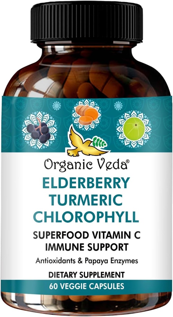 Biologische Veda Veda Vlierbessen Kurkuma Chlorofyl Immune Support Supplement - Superfoods Antioxidanten, Groene Vitamine C, Druivenzaad Extract, Acerola, Moringa & Papaya Enzymes - 60 Vegan Capsules