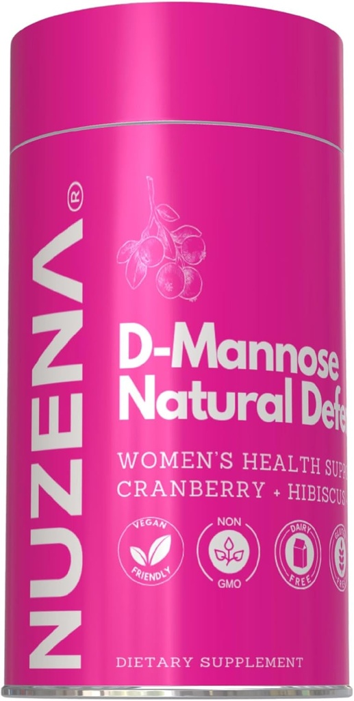 Nuzena D-Mannose + 1000mg met Cranberry 150mg, Verpakking van 60 Natural Defense Urinary Tract Ondersteuning Capsules met Hibiscus Flower 100mg en Dandelion Root 100mg per portie van 2 Capsules